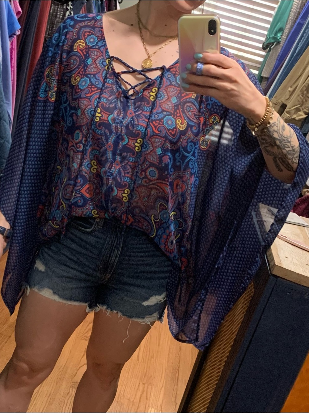 West Kei Boho Tie Front Blouse Navy Red Yellow Graphic Floral Flowy Size Large - Picture 6 of 6